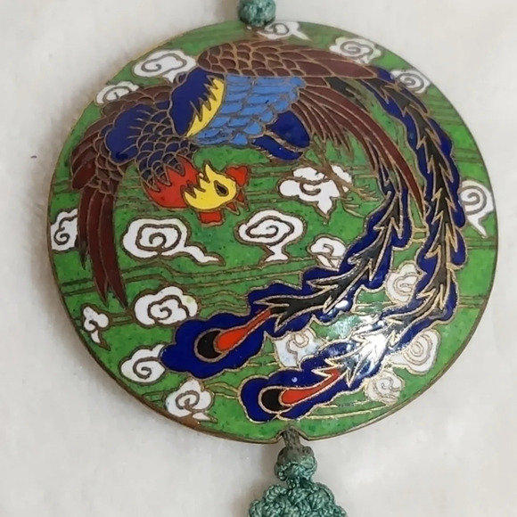 Vintage Round Cloisenne Pendant on a mint green cord - Picture 11 of 12